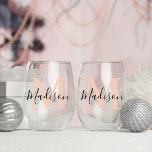Modern Personalised Gold Pink Monogram Stemless Wine Glass<br><div class="desc">Elevate any celebration with our Modern Personalized Gold Pink Monogram Stemless Wine Glass. This chic and versatile glass is adorned with a sleek gold and black monogram, making it the perfect gift for wedding parties, bridesmaids, and birthdays . Customize with a name for an extra touch of sophistication. Durable and...</div>