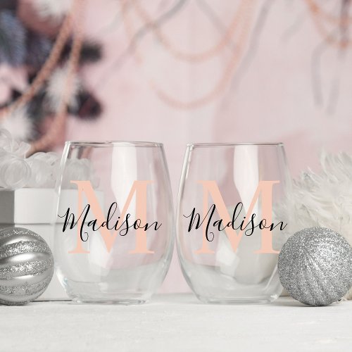 Modern Personalised Gold Pink Monogram Stemless Wine Glass
