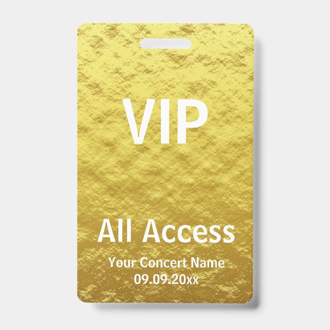 Modern Personalised Gold VIP All Access Concert Badge (Front)