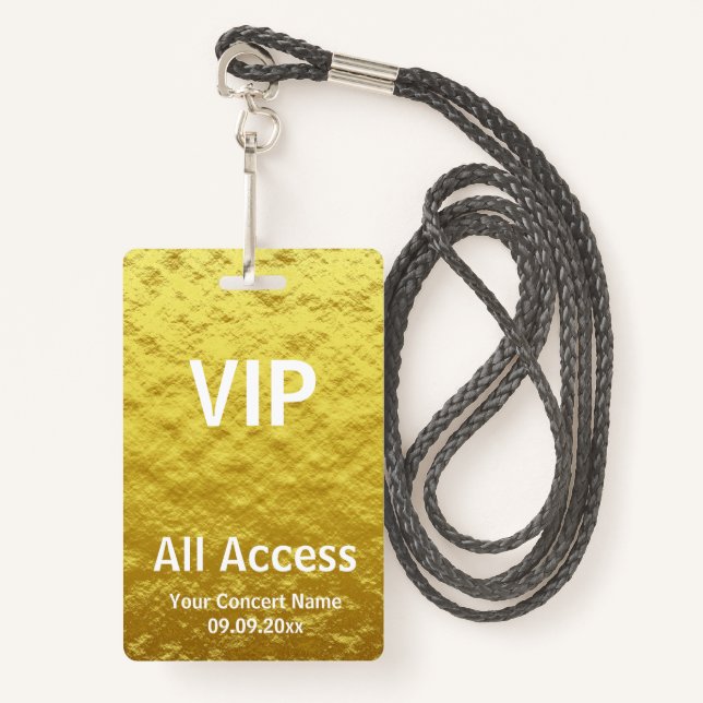 Modern Personalised Gold VIP All Access Concert Badge (Front with Lanyard)