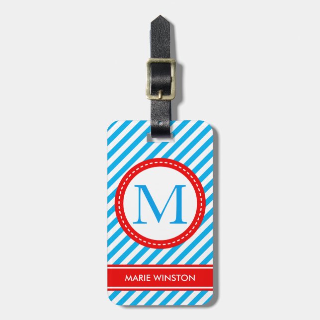 modern personalised name monogram striped pink luggage tag (Front Vertical)