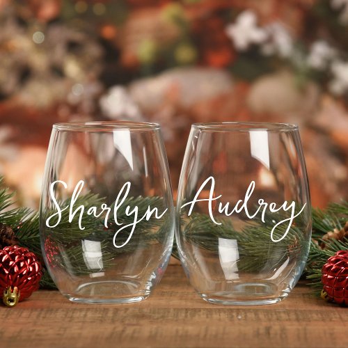 Modern Personalised  Script Bridesmaid Name   Stemless Wine Glass