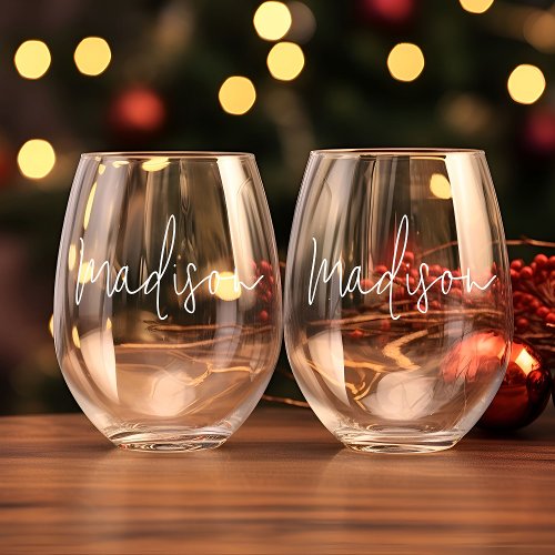Modern Personalised  Script Bridesmaid Name   Stemless Wine Glass