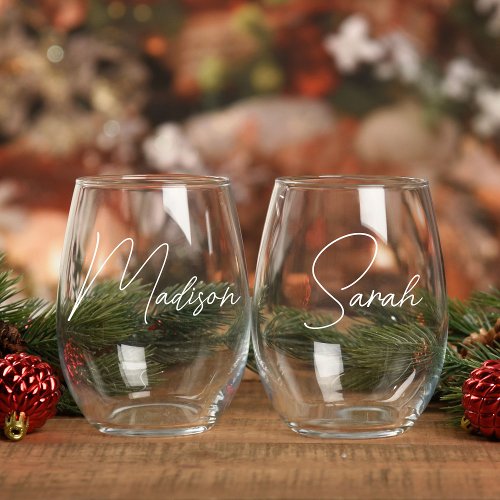 Modern Personalised  Script Name   Stemless Wine Glass