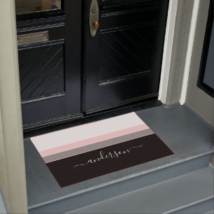 Modern Personalize Black Stripe Color Block Doormat