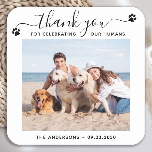 Modern Personalize Photo Thank You Pet Dog Wedding Square Paper Coaster