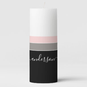 Modern Personalize Stripe Black Pink Grey Pillar Candle