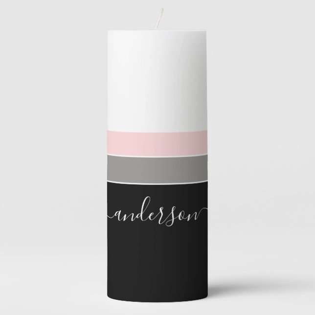 Modern Personalize Stripe Black Pink Grey Pillar Candle (Front)