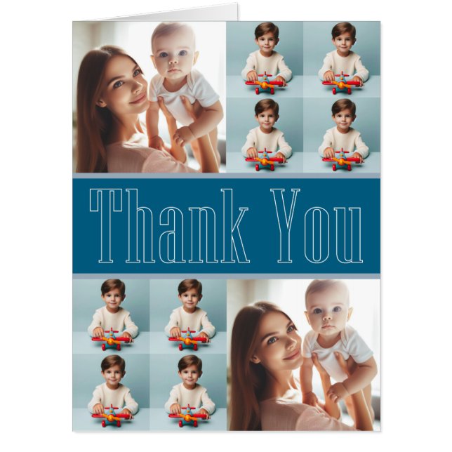 Modern Personalized 10-Photo Blue Thank You Card (Front)