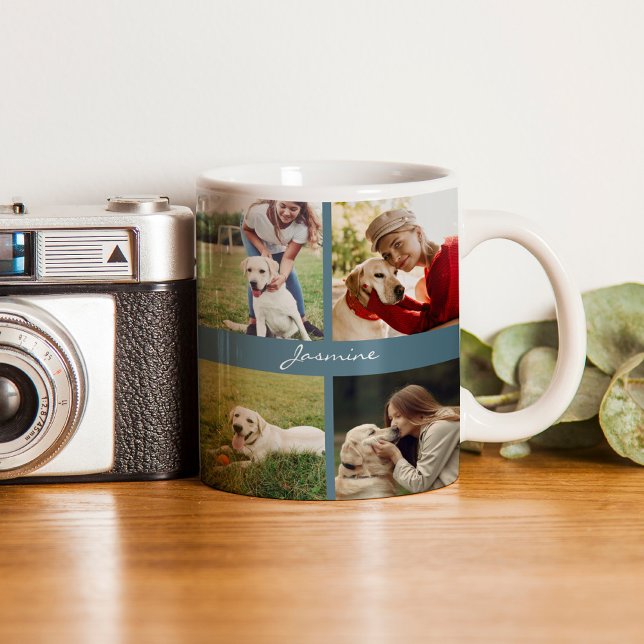 Modern Personalized 10 Photos Dog Teal Blue Coffee Mug (Celebrate your furbaby with this photo collage mug.)