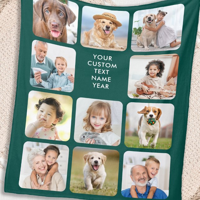 Modern Personalized 11 Photo Collage Emerald Green Fleece Blanket (Creator Uploaded)