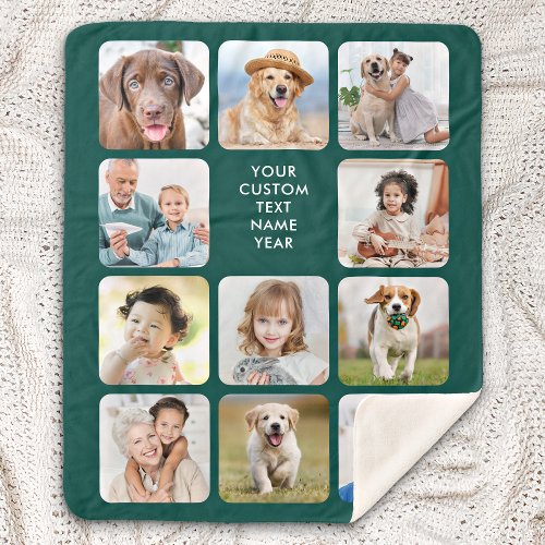 Modern Personalized 11 Photo Collage Emerald Green Sherpa Blanket
