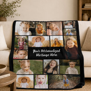 Modern Personalized 16 Photo Collage Custom Color  Fleece Blanket