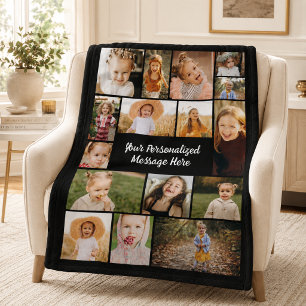 Modern Personalized 16 Photo Collage Custom Color  Fleece Blanket