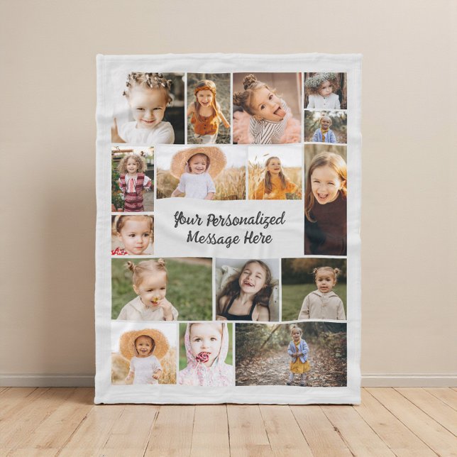 Modern Personalized 16 Photo Collage Grey Fleece Blanket (Creator Uploaded)