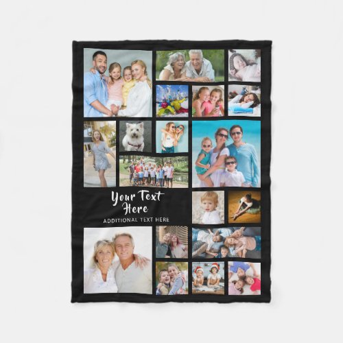 Modern Personalized 19 Photo Collage Black Fleece Blanket - Easily create a modern, unique, photo collage keepsake blanket for with 19 photos and personalized with your own text for anyone or any special occasion. An editable title in handwritten brush script text with an editable subtitle.  PHOTO TIP:  For fastest/best results, choose a photo with the subject in the middle and/or pre-crop it to a similar shape as shown BEFORE uploading. NOTE that pixelation/blurry warnings may occur and you'll need to enlarge your original photo before uploading. Zazzle LIVE, online services or the designer may help you. CHANGES:  Change the black background color and/or change the text font style, size, color or placement by clicking on CUSTOMIZE FURTHER. Contact the designer via Zazzle Chat or makeitaboutyoustore@gmail.com if you'd like this design modified or on another product.