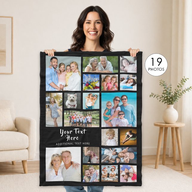 Modern Personalized 19 Photo Collage Black Fleece Blanket (Creator Uploaded)