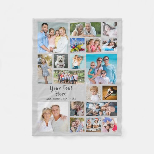 Modern Personalized 19 Photo Collage Gray Fleece Blanket - Easily create a modern, unique, photo collage keepsake blanket for with 19 photos and personalized with your own text for anyone or any special occasion. An editable title in handwritten brush script text with an editable subtitle.  PHOTO TIP:  For fastest/best results, choose a photo with the subject in the middle and/or pre-crop it to a similar shape as shown BEFORE uploading. NOTE that pixelation/blurry warnings may occur and you'll need to enlarge your original photo before uploading. Zazzle LIVE, online services or the designer may help you. CHANGES:  Change the gray background color and/or change the text font style, size, color or placement by clicking on CUSTOMIZE FURTHER. Contact the designer via Zazzle Chat or makeitaboutyoustore@gmail.com if you'd like this design modified or on another product.