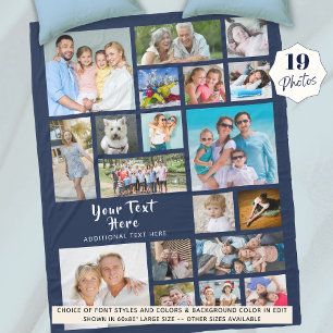 Modern Personalized 19 Photo Collage Navy Blue Fleece Blanket