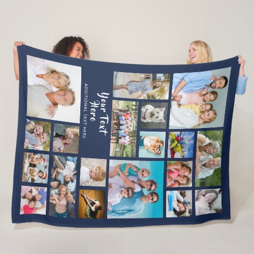 Modern Personalized 19 Photo Collage Navy Blue Fleece Blanket - Easily create a modern, unique, photo collage keepsake blanket with 19 photos and personalized with your own custom text for anyone or any special occasion. An editable title in handwritten brush script text with an editable subtitle.  PHOTO TIP:  Choose photos with the subjects in the middle and/or pre-crop them into a similar shape as shown BEFORE uploading and use the CHANGE tab in the PERSONALIZE section. NOTE that pixelation/blurry warnings may occur and you'll need to enlarge your original photo before uploading. Zazzle LIVE, online services or the designer may help you. CHANGES:  Change the navy blue background color and/or change any text font style, size, color or placement by clicking on CUSTOMIZE FURTHER in the PERSONALIZE section. Contact the designer BEFORE ORDERING via Zazzle Chat or makeitaboutyoustore@gmail.com for assistance with design modification/personalization or help transferring the design to another product.