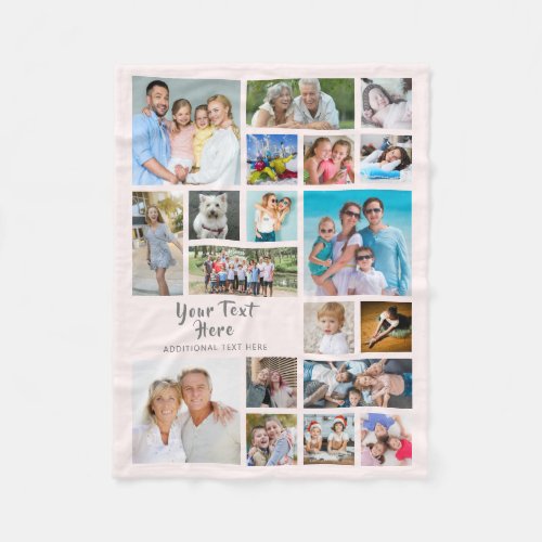 Modern Personalized 19 Photo Collage Pink Gray Fleece Blanket - Easily create a modern, unique, photo memory keepsake blanket utilizing this photo collage template with 19 pictures in various shapes and sizes personalized with your custom text. The title shown is in a suggested handwritten brush script typography with a subtitle that can be changed to other font styles. PHOTO TIP:  Choose photos with subjects in the middle and/or pre-crop into a similar shape as shown BEFORE uploading. Use the CROP tool to adjust the image within the template area. CHANGES:  Change the blush pink background color and/or change the gray text font style, size, color or placement by clicking on EDIT USING DESIGN TOOL in the PERSONALIZE section. ASSISTANCE:  For help with design modification or personalization, color change, resizing or transferring the design to another product, contact the designer BEFORE ORDERING via the Zazzle Chat MESSAGE tab or email makeitaboutyoustore@gmail.com.