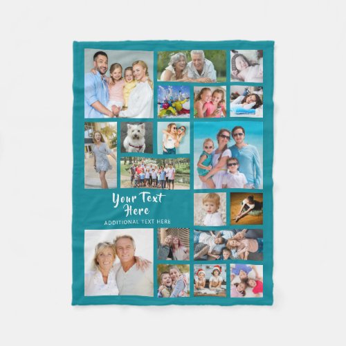 Modern Personalized 19 Photo Collage Teal Fleece Blanket - Create a photo memory keepsake blanket for a family or individual personalized with a name or your custom text utilizing this easy-to-upload photo collage template with 19 pictures in a variety of shapes and sizes against an editable turquoise teal background color with a title in an changeable handwritten brush script font with an optional subtitle. PHOTO TIP:  Choose photos with the subjects in the middle and/or pre-crop your photos into similar shapes BEFORE uploading. Use the CROP tool to adjust the image within the template area. CHANGES:  Change the background color or the text font size, style, color, letter spacing or placement by clicking on the EDIT USING DESIGN TOOL in the PERSONALIZE section. ASSISTANCE:  For help with design modification or personalization, color change, resizing or transferring the design to another product, contact the designer BEFORE ORDERING via the Zazzle Chat MESSAGE tab below or email makeitaboutyoustore@gmail.com.
