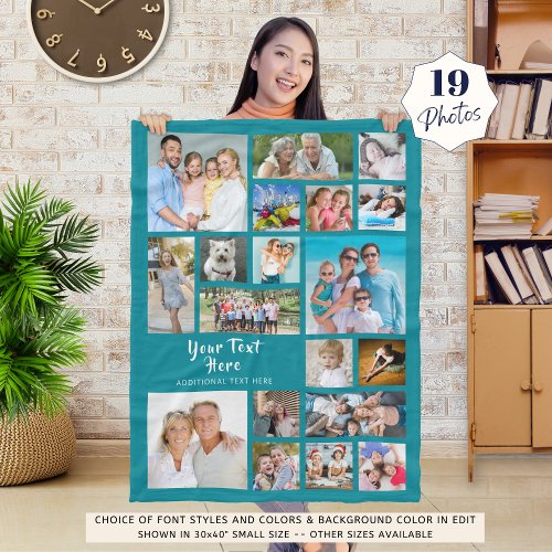 Modern Personalized 19 Photo Collage Teal Fleece Blanket