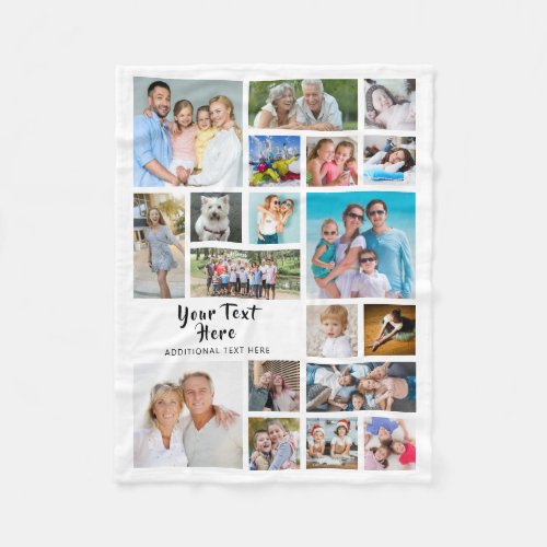 Modern Personalized 19 Photo Collage White Fleece Blanket - Easily create a modern, unique, photo collage keepsake blanket for with 19 photos and personalized with your own text for anyone or any special occasion. An editable title in handwritten brush script text with an editable subtitle.  PHOTO TIP:  For fastest/best results, choose a photo with the subject in the middle and/or pre-crop it to a similar shape as shown BEFORE uploading. NOTE that pixelation/blurry warnings may occur and you'll need to enlarge your original photo before uploading. Zazzle LIVE, online services or the designer may help you. CHANGES:  Change the white background color and/or change the text font style, size, color or placement by clicking on CUSTOMIZE FURTHER. Contact the designer via Zazzle Chat or makeitaboutyoustore@gmail.com if you'd like this design modified or on another product.