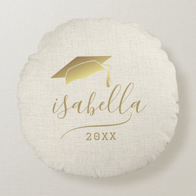 Modern Personalized 2024 Gold Grad Cap Keepsake Round Pillow (Front)