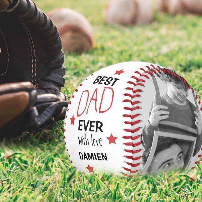 Modern Personalized 2 Photo Collage Best Dad Ever Baseball (Creator Uploaded)