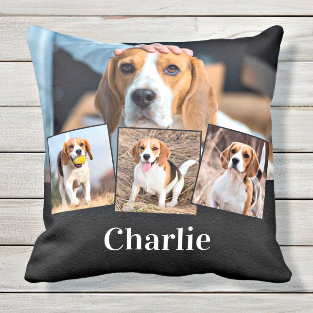 Modern Personalized 4 Pet Photo Name Dog Lover Throw Pillow (Creator Uploaded)