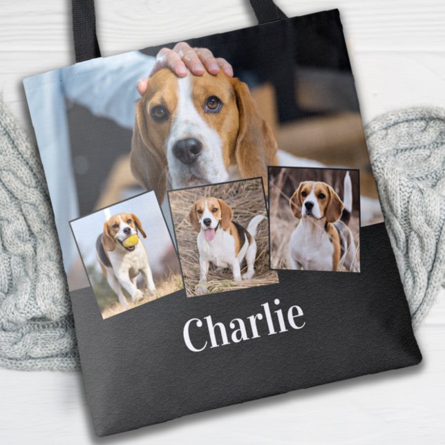 Modern Personalized 4 Pet Photo Name Dog Lover Tote Bag (Creator Uploaded)