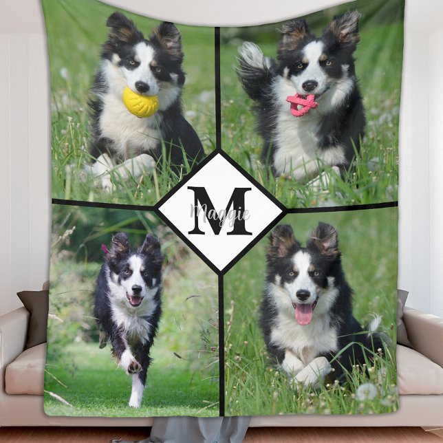 Modern Personalized 4 Photo Collage Pet Dog Fleece Blanket (Creator Uploaded)