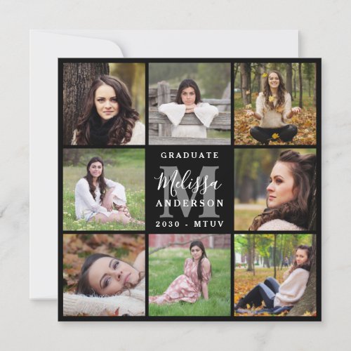 Modern Personalized 8 Photo Collage Graduation  Announcement - Announce your graduation to friends and family with these modern and elegant photo collage graduation invitation cards. Customize with 8 of your favorite senior or college photos, and personalize with monogram initial, name, graduating year, high school or college initials and graduation details. These unique trendy and stylish graduation announcement cards can also be graduation party invitation. COPYRIGHT © 2020 Judy Burrows, Black Dog Art - All Rights Reserved. Modern Personalized 8 Photo Collage Graduation Announcement 