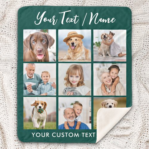 Modern Personalized 9 Photo Collage Emerald Green Sherpa Blanket
