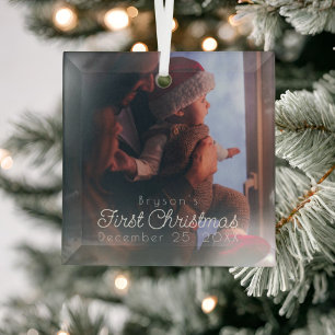 Modern Personalized Baby's First Christmas Photo Glass Ornament