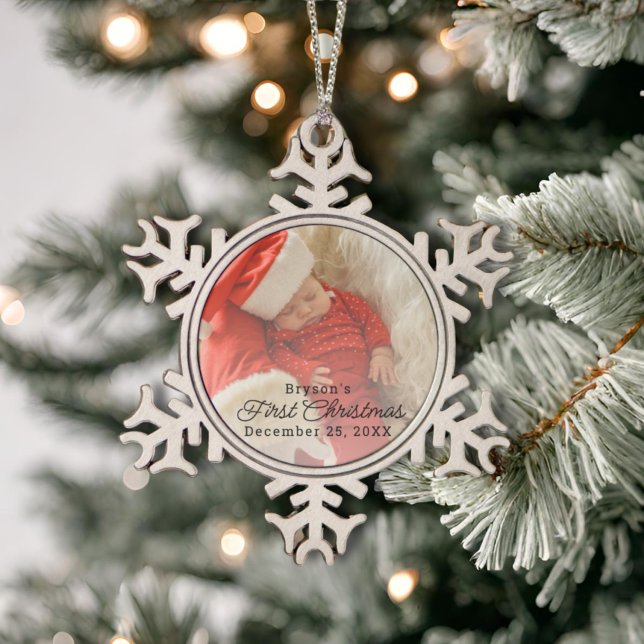 Modern Personalized Baby's First Christmas Photo Snowflake Pewter Christmas Ornament (Creator Uploaded)