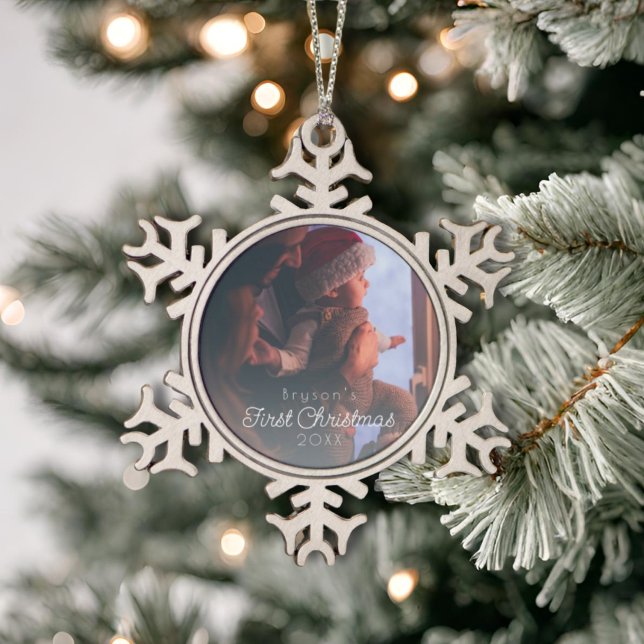 Modern Personalized Baby's First Christmas Photo Snowflake Pewter Christmas Ornament (Creator Uploaded)