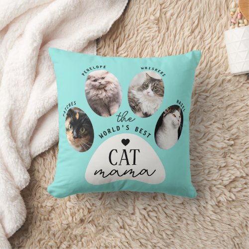 Modern Personalized Best Cat Mama Paw Print Photo Throw Pillow