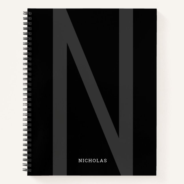 Modern Personalized Big Initial Name Gray Black Notebook (Front)
