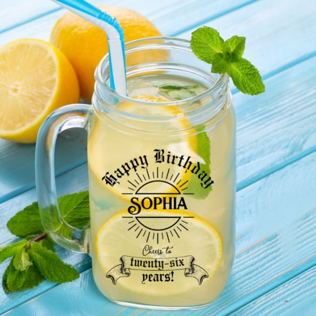 Modern Personalized Birthday Name & Age Typography Mason Jar W/ Handle (modern birthday name mason jar)