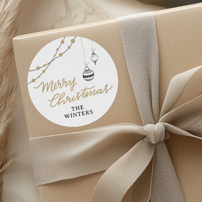 Modern Personalized Black and Gold Christmas  Classic Round Sticker (Modern Personalized Black and Gold Hand-Drawn Baubles Christmas Sticker for Presents and Envelopes)