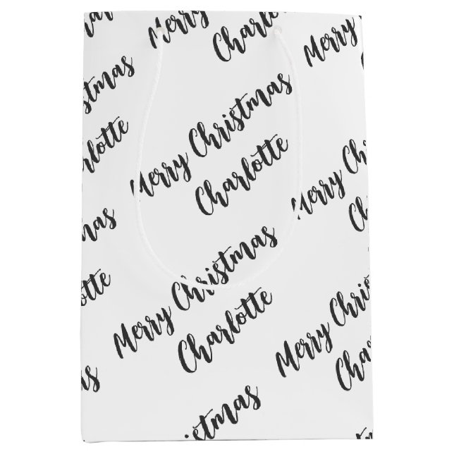 Modern Personalized Black and White Christmas Medium Gift Bag (Front)