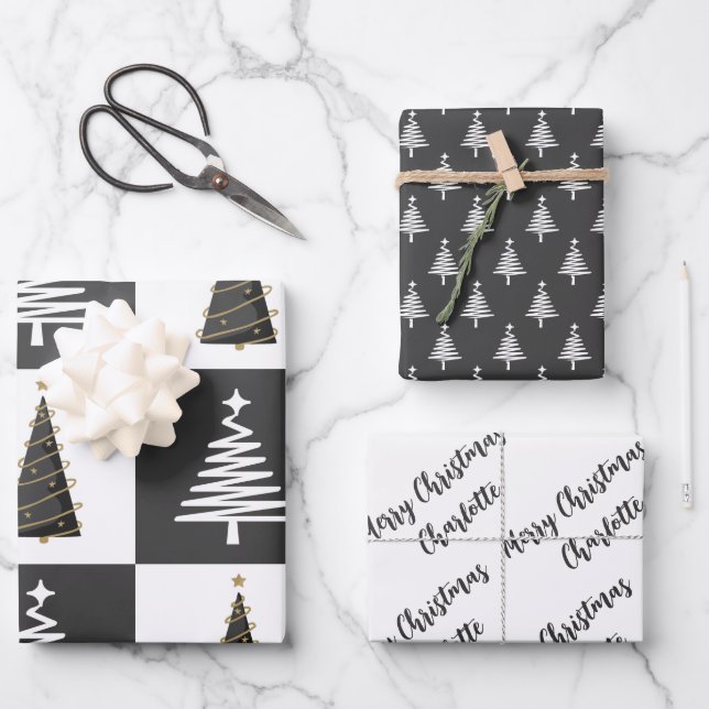 Modern Personalized Black and White Christmas Wrapping Paper Sheets (Front)