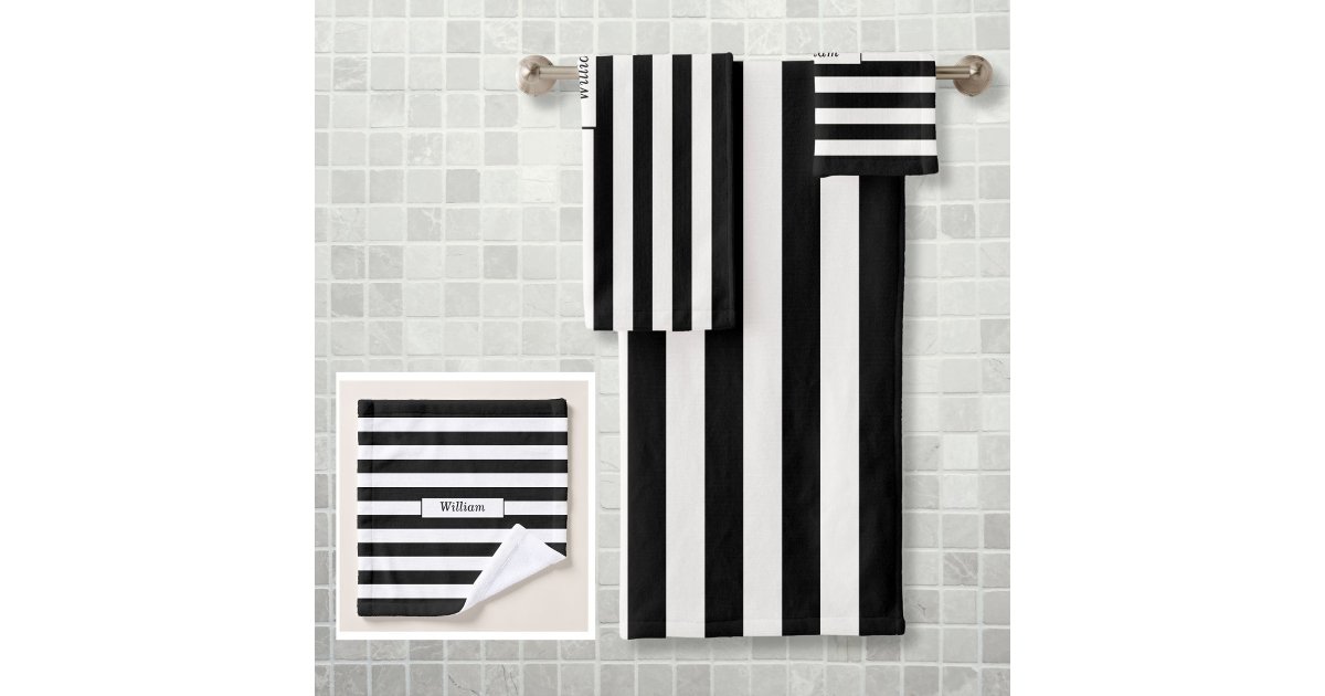 Modern Personalized Black and White Striped Bath Towel Set | Zazzle