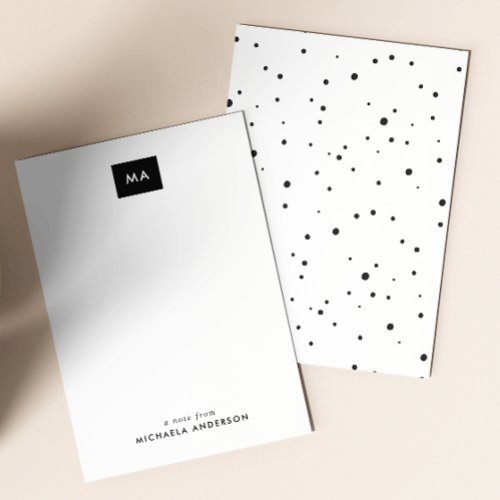 Modern Personalized Black  White Monogram Spots Note Card
