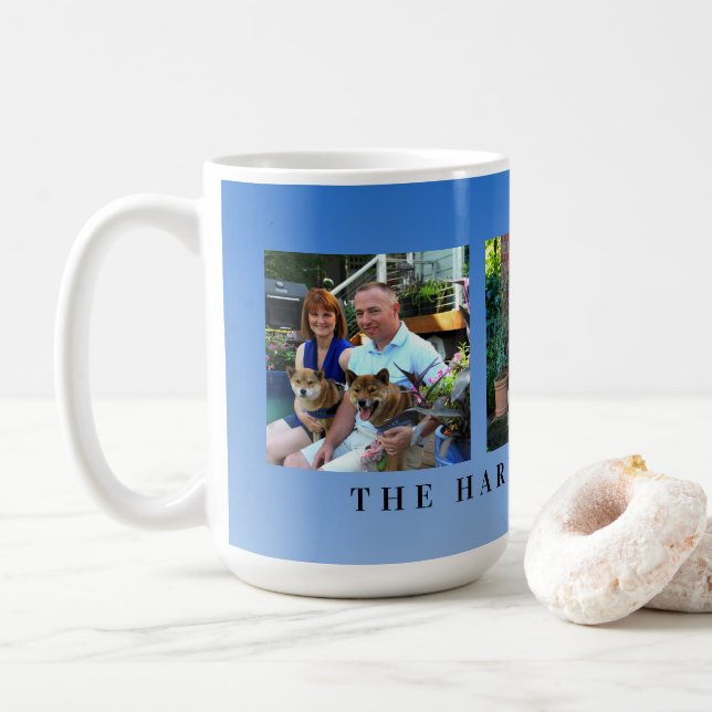 Modern Personalized Blue 3 Photo Family Collage Coffee Mug (With Donut)