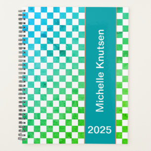 Modern Personalized Blue and Green Checkered 2025 Planner