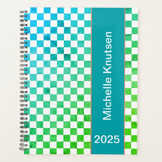 Modern Personalized Blue and Green Checkered 2025  Planner (Front)