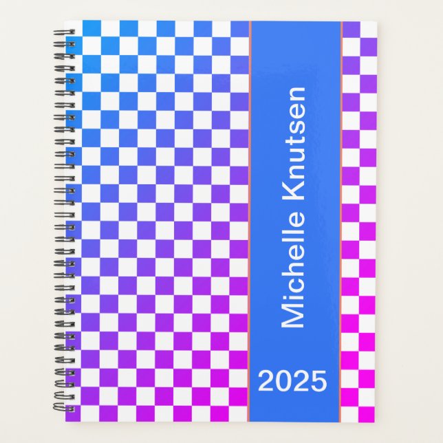 Modern Personalized Blue and Pink Checkered 2025  Planner (Front)